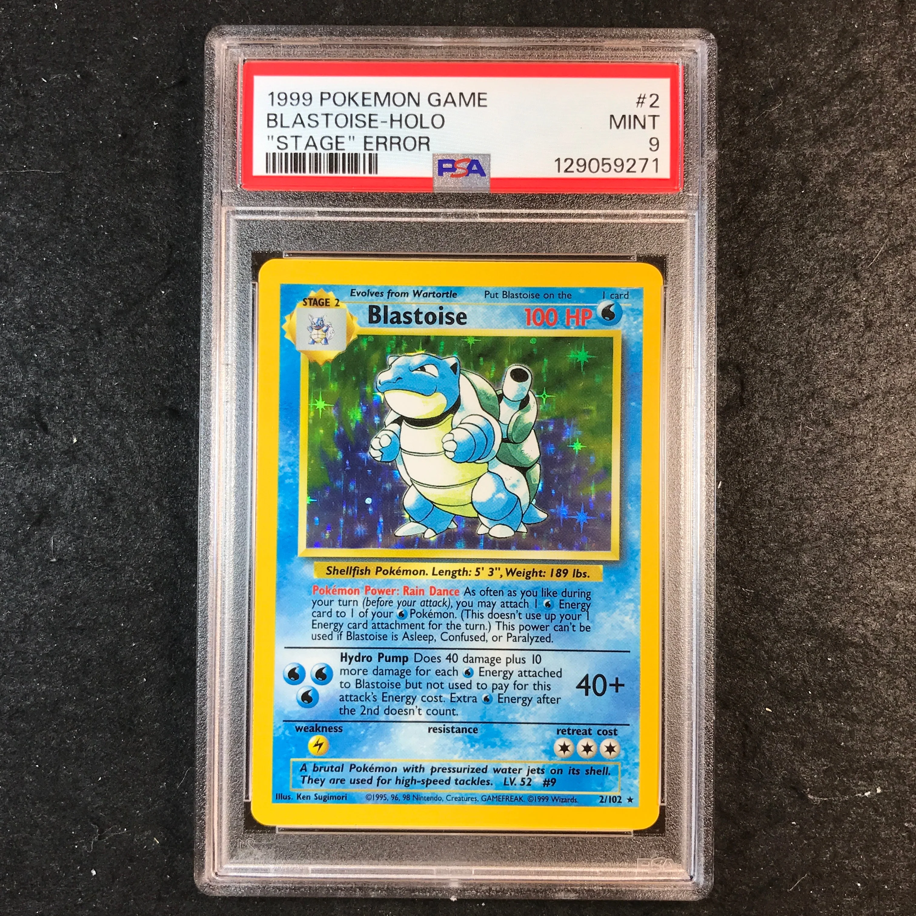 PSA 9 Blastoise - 2/102 - 1999 Holo Base Set " Stage " Error Misprint 271